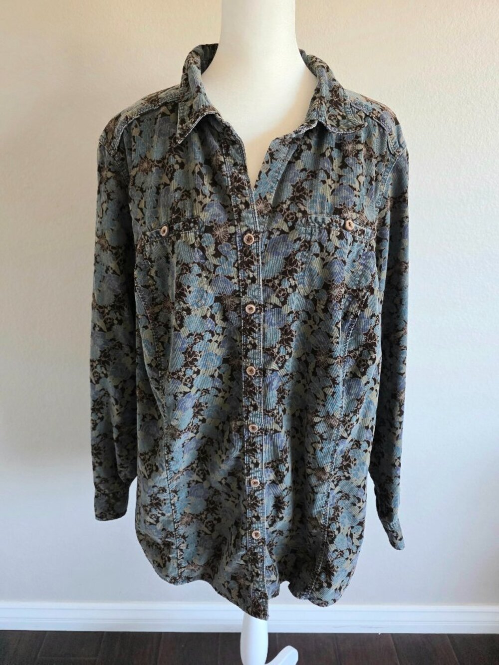 Eddie Bauer Corduroy Floral Button Up Shirt Womens 3X Cotton Western Outdoor Vtg